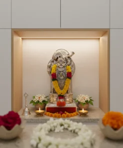 Handmade Silver lord shrinathji statue placed at decorated placed with flower and pooja items