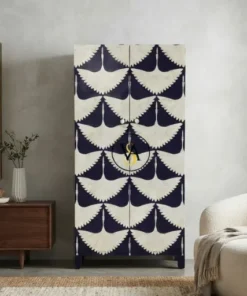 Navy blue bone inlay 2 door almirah with handmade bird pattern design
