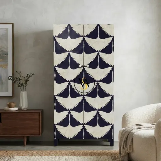 Navy blue bone inlay 2 door almirah with handmade bird pattern design