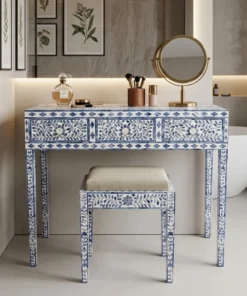 Navy Blue Bone Inlay Console Table With Stool in modern vanity room