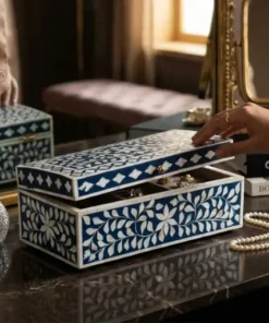 Handmade navy blue bone inlay jewelry storage box on luxury dressing table with jewelry items