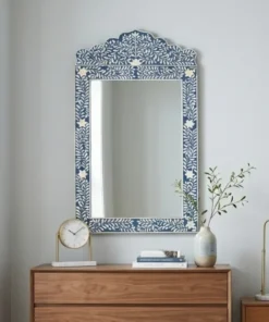 Navy Blue Bone Inlay Mirror in bedroom