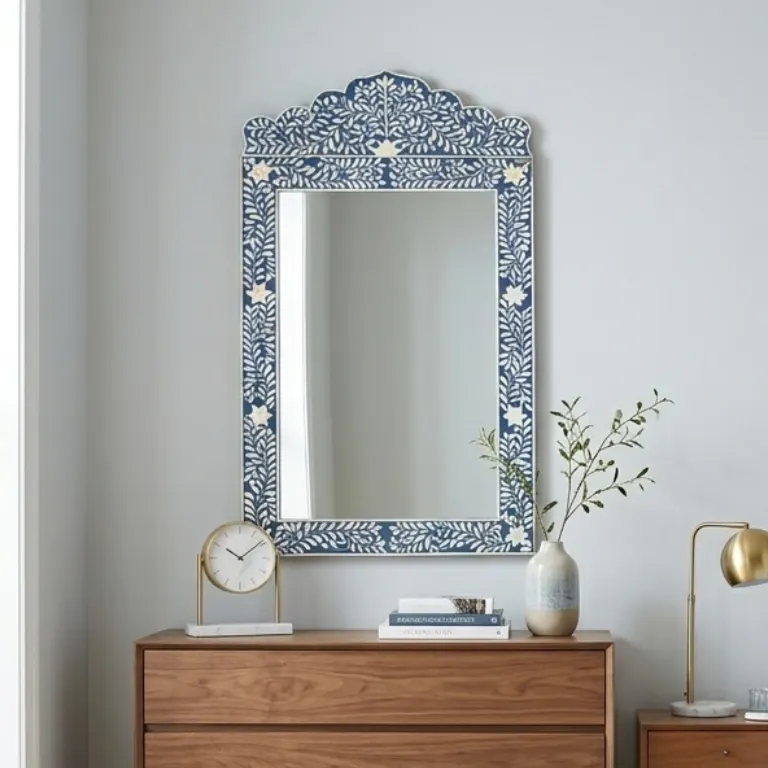 Navy Blue Bone Inlay Mirror in bedroom