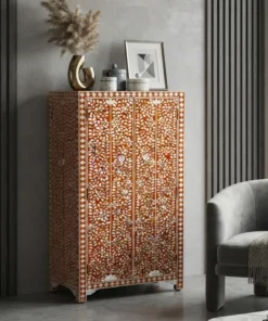 Orange Mother of Pearl 2 Door Floral Armoire Cupboard.