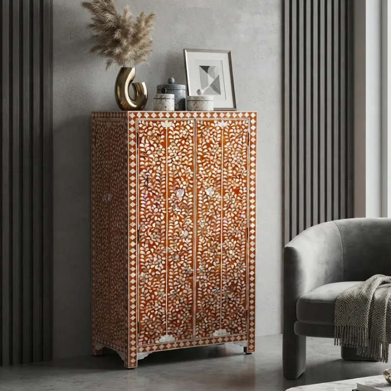 Orange Mother of Pearl 2 Door Floral Armoire Cupboard.