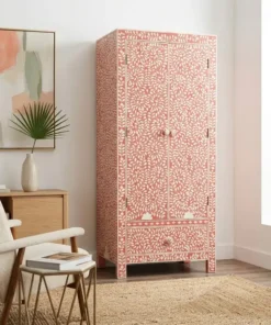 Pink Bone Inlay 2 Door Almirah placed in living room with sofa and wall decor