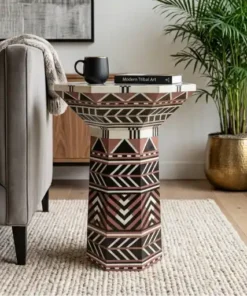 Red Bone Inlay Hexagon Shape Decorative Side Table for modern luxury home décor