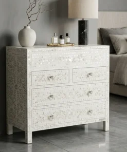 Handcrafted white mother of pearl 4 drawer dresser with mirror designed for luxury bedrooms