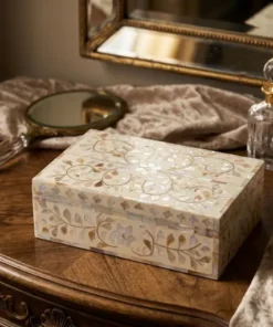 White mother of pearl inlay floral jewelry storage box in dressing table