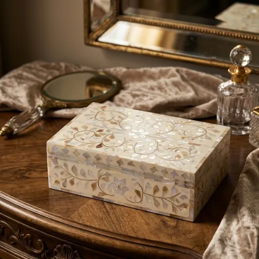 White mother of pearl inlay floral jewelry storage box in dressing table