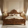 Premium teak wood carving double bed with headboard placed in luxury beige bedroom