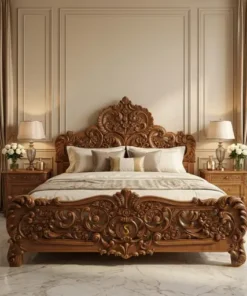 Premium teak wood carving double bed with headboard placed in luxury beige bedroom