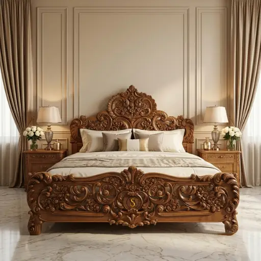 Premium teak wood carving double bed with headboard placed in luxury beige bedroom