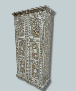 Three-quarter view of Mehraab inlay cupboard showing details
