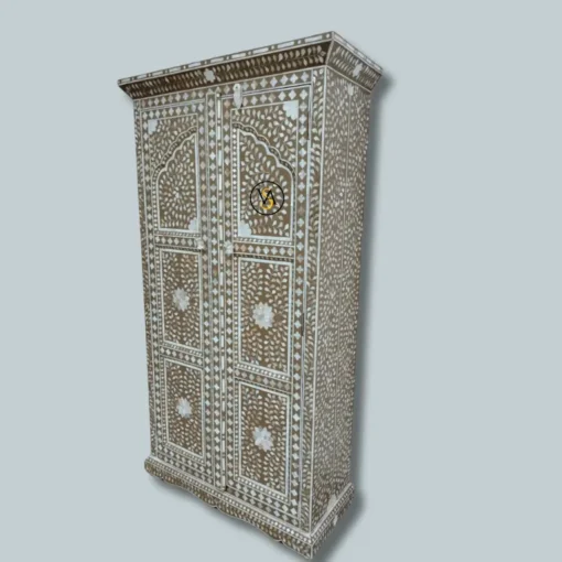 Three-quarter view of Mehraab inlay cupboard showing details