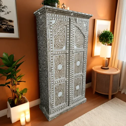Exquisite mother of pearl inlay cupboard in elegant room setting