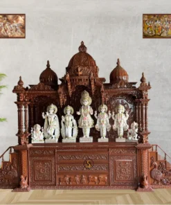 Buy Indian Pooja Mandir for Home with Swaminarayan Vietnam marble idols and carved steps