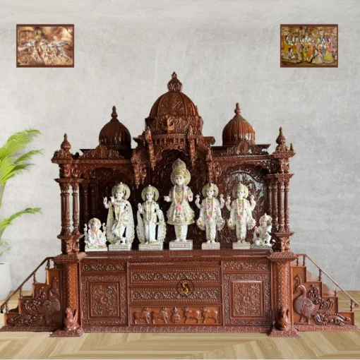 Buy Indian Pooja Mandir for Home with Swaminarayan Vietnam marble idols and carved steps
