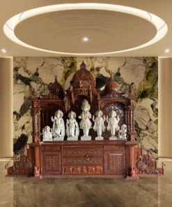Luxury hand carved teak wood temple placed in luxury living area with lights