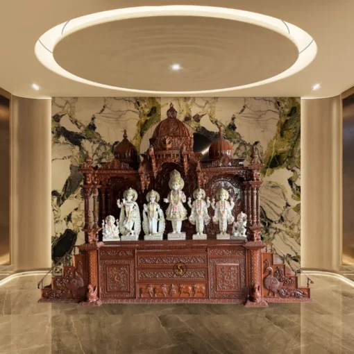 Luxury hand carved teak wood temple placed in luxury living area with lights