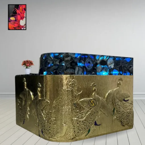 Elegant brass peacock embossed bar cabinet with blue agate top in modern living room