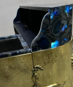 Back view of royal brass peacock embossed bar cabinet with blue agate top and storage compartments