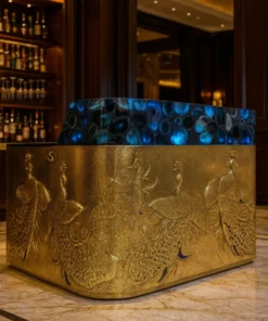 Luxury royal brass peacock embossed bar cabinet with blue agate top in bar setting