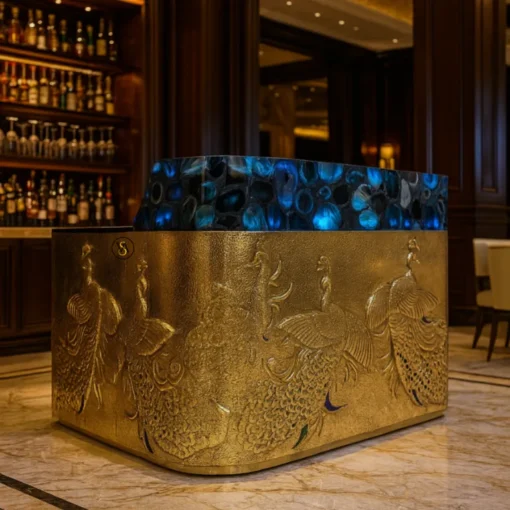 Luxury royal brass peacock embossed bar cabinet with blue agate top in bar setting