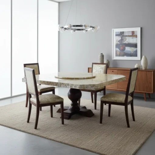 Luxury Mother of Pearl Dinner Table With Susan – Golden Dining Table Set for 4 Placed in Modern Dining Room