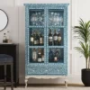 Handmade Mother of Pearl Bar Cupboard – Blue Floral Liquor Cabinet with Mirror Doors
