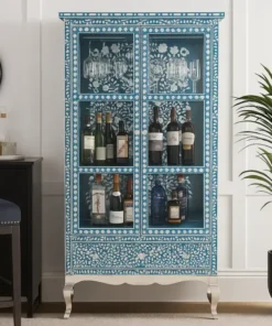 Handmade Mother of Pearl Bar Cupboard – Blue Floral Liquor Cabinet with Mirror Doors