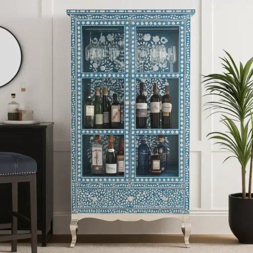 Handmade Mother of Pearl Bar Cupboard – Blue Floral Liquor Cabinet with Mirror Doors