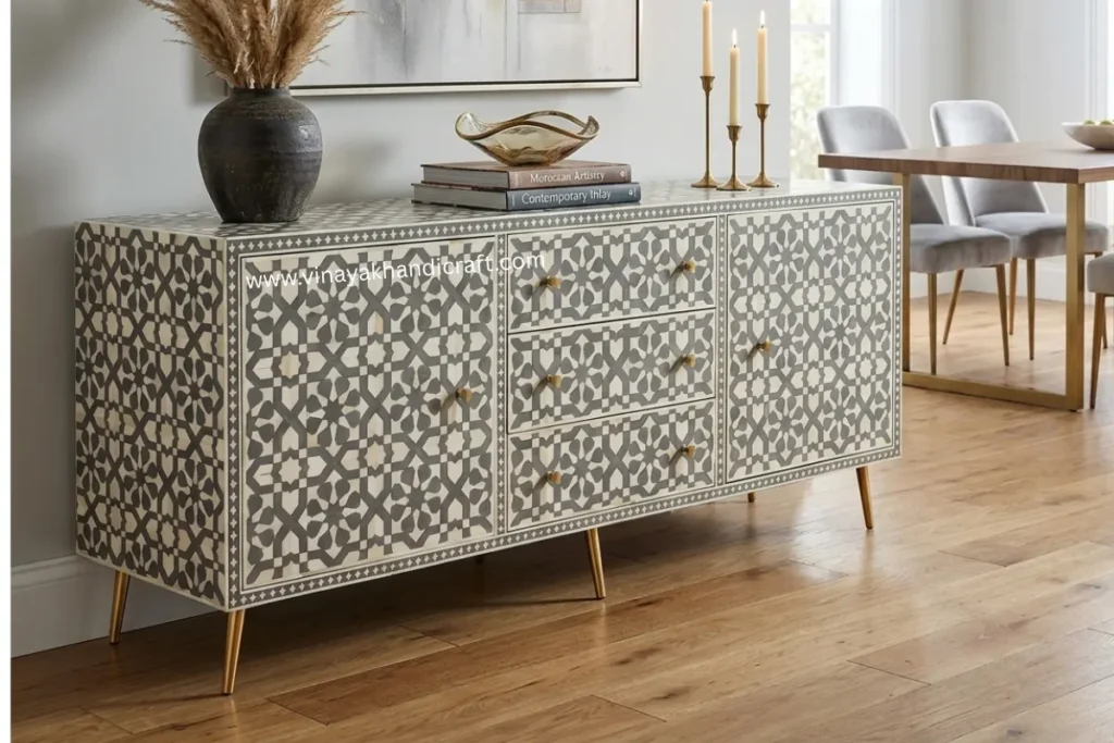 bone inlay furniture surface detail close up
