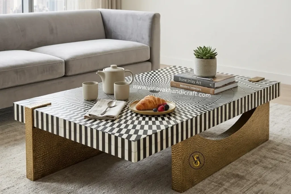 bone inlay furniture in luxury living room interior
