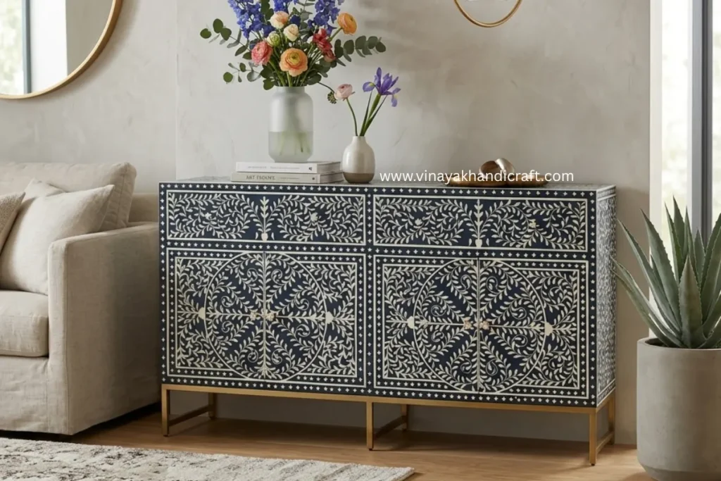 handmade bone inlay furniture craftsmanship close up