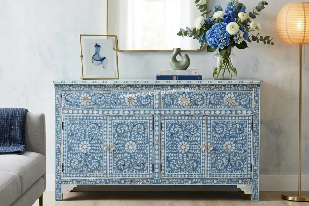 Mother of pearl furniture placed in luxury living room with decor and sofa