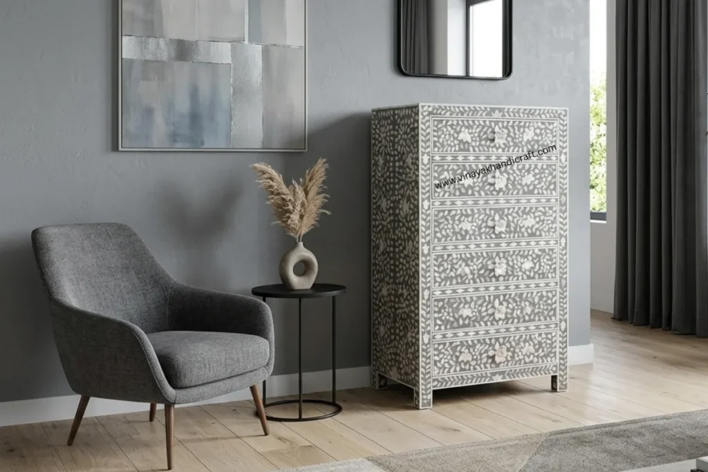 mother of pearl furniture in living room interior