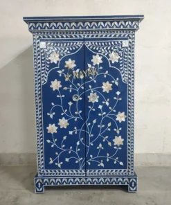 Navy blue mother of pearl small storage cabinet with floral inlay design front view