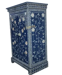 Navy blue mother of pearl small storage cabinet side angle view with floral inlay design
