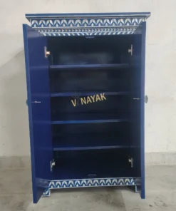 Navy blue small cupboard with shelves open storage mother of pearl cabinet inside view