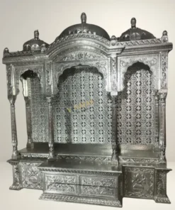 Handcrafted white metal temple for home front view luxury silver pooja mandir