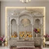 White metal temple for home setup with idols luxury pooja mandir interior