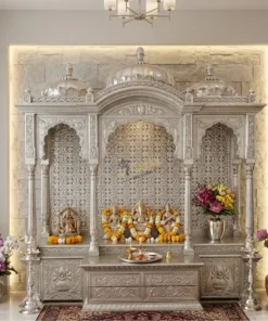 White metal temple for home setup with idols luxury pooja mandir interior