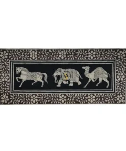 bone inlay coffee table with floral inlay and elephant horse camel animal motif