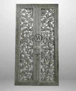 German Silver Carved Double Door with floral and bird carvings handcrafted on teak wood luxury temple door