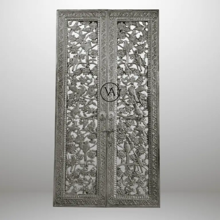 german-silver-carved-double-door-front-view German Silver Carved Double Door with floral and bird carvings handcrafted on teak wood luxury temple door