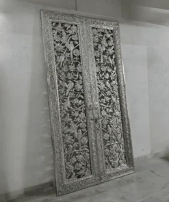 Custom luxury temple entrance door with silver carving
