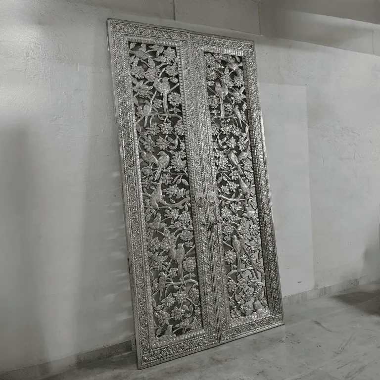 german-silver-carved-double-door-left-side-view Custom luxury temple entrance door with silver carving