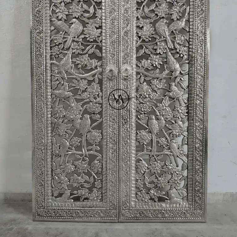 german-silver-carved-double-door-lower-side-view Bespoke German Silver Temple Door handcrafted in India