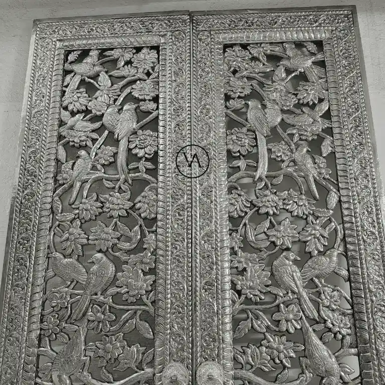 german-silver-carved-double-door-lower-upper-view Luxury Designer Door with bird and floral artwork